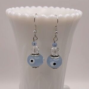 Handmade Earrings, Light Blue/Clear Beads, Silver-tone Accents, 1.75” Drop